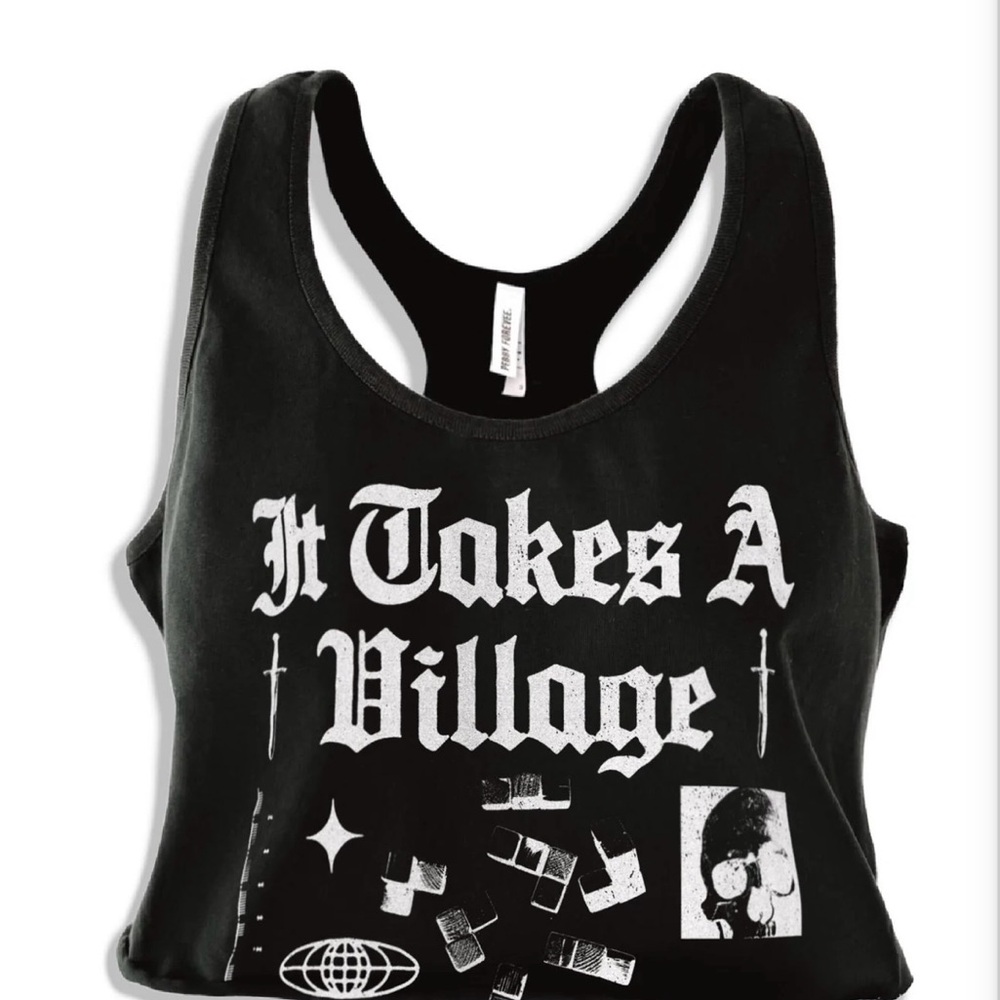 Black Graphic Racerback Crop Top - It Takes A Village